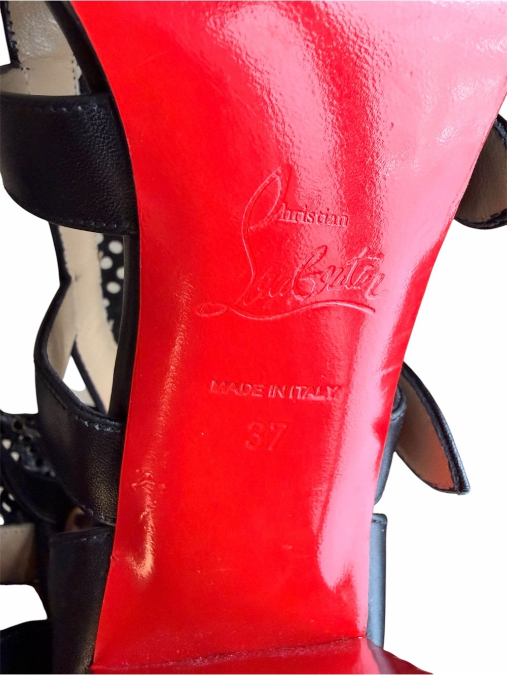 Christian Louboutin Fencing Black & Gold Perforated Leather High Heel Sandals - Picture 8 of 8